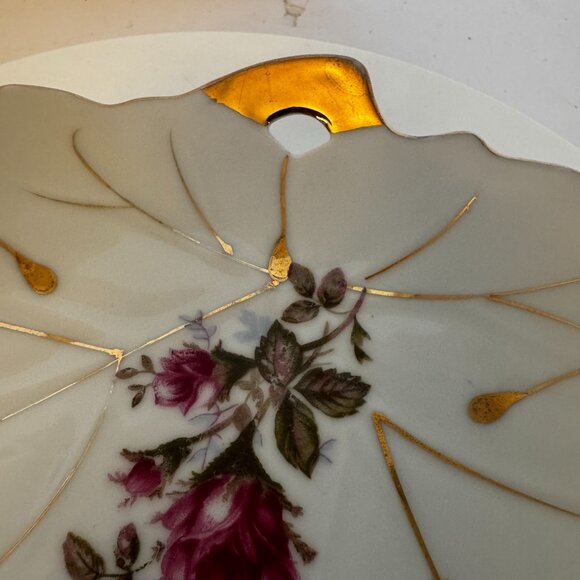 Nippon Bone China Ceramic Porcelain Leaf Shape Plate Floral Pattern Gold trim - Picture 8 of 9